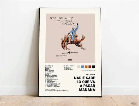 A framed canvas poster featuring a stylized person riding a horse with bad bunny album title on beige background
