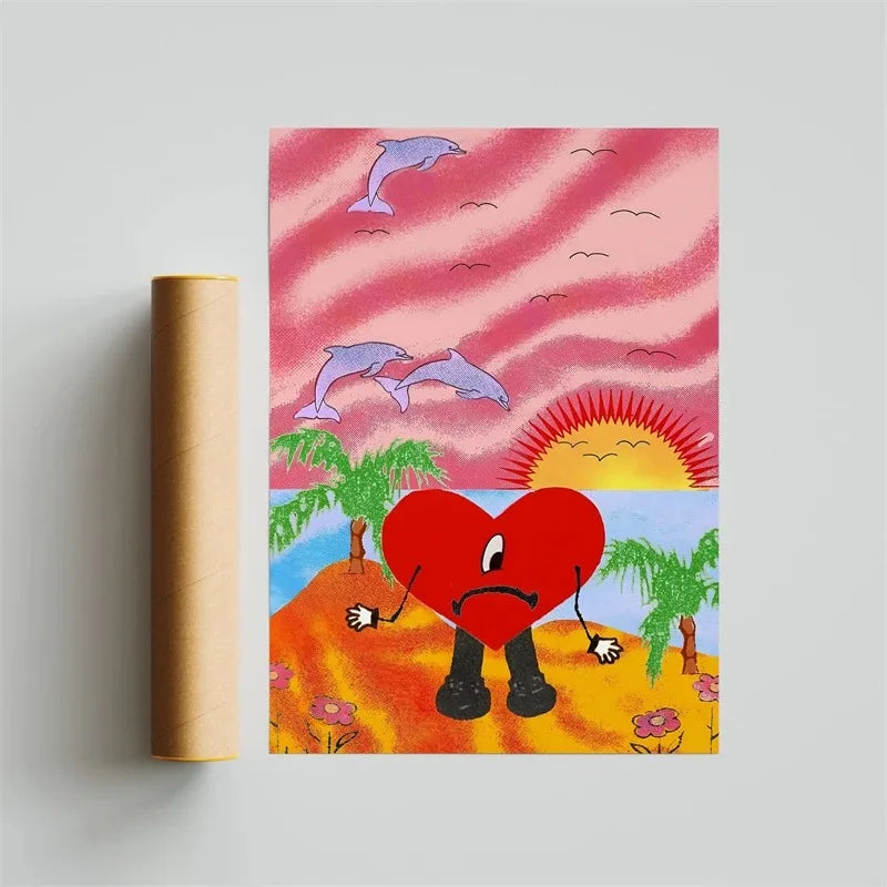 Canvas wall art featuring a vibrant red heart with a sad face on an orange beach at sunset for bad bunny decor
