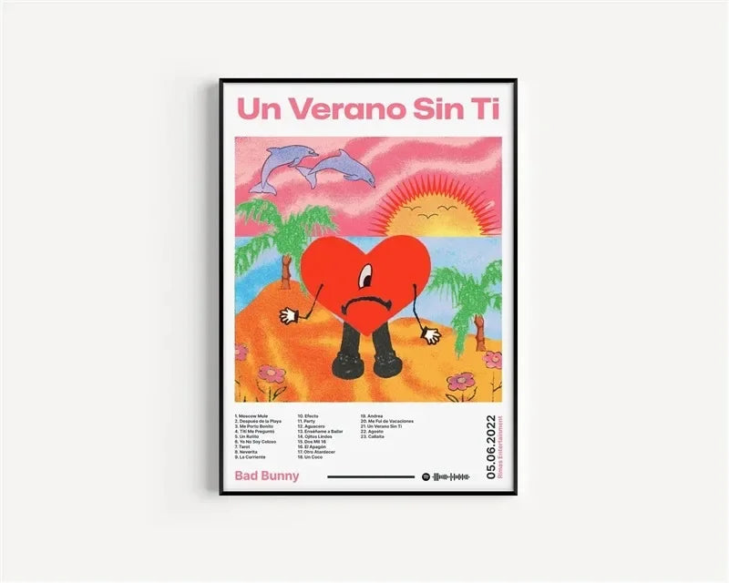 A framed canvas poster featuring a red heart on an island with palm trees dolphins and a pink sunset for room decor