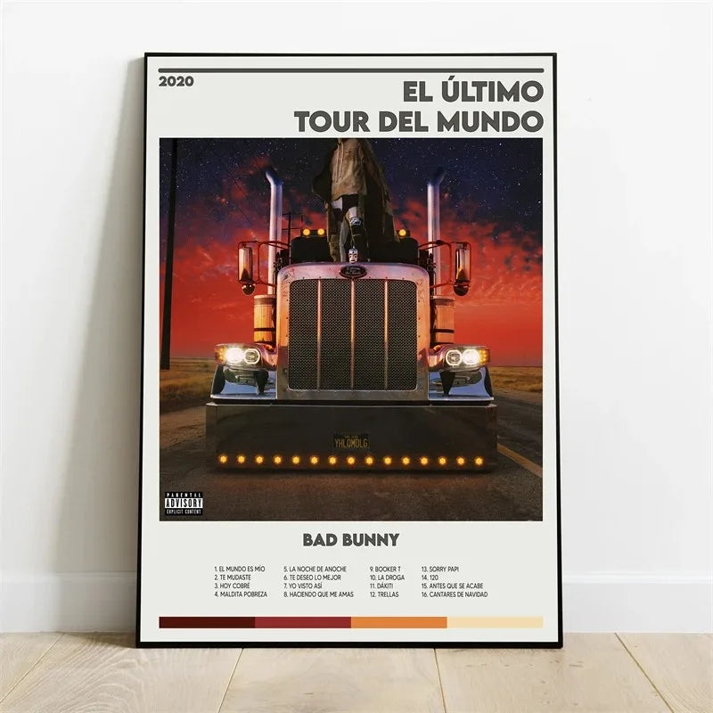 Black-framed canvas wall art featuring bad bunny el último tour del mundo album cover with silver semi-truck and red sky