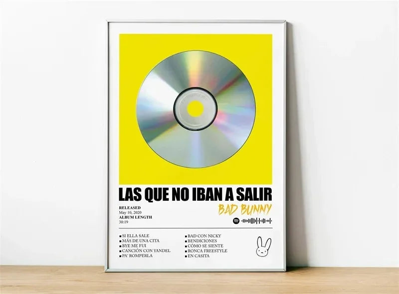 A framed poster featuring a silver cd on a vibrant yellow background, with bold black text and the artist name ’bad bunny’ in stylized font.