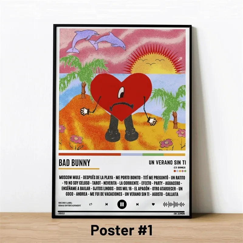 A framed canvas poster featuring a cartoon red heart on an orange beach with palm trees and dolphins for room decor