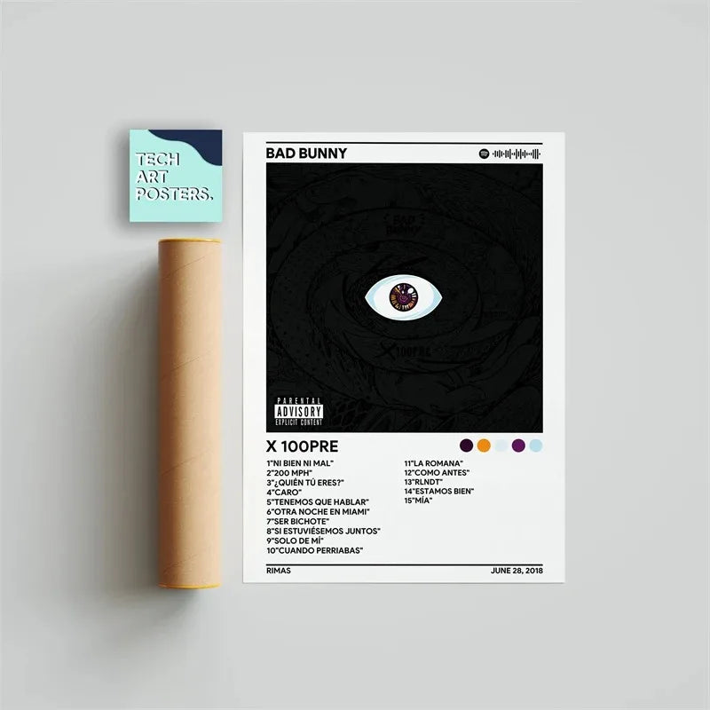 Black and white canvas wall art featuring stylized eye design from bad bunny x 100pre album cover for pop rap room decor