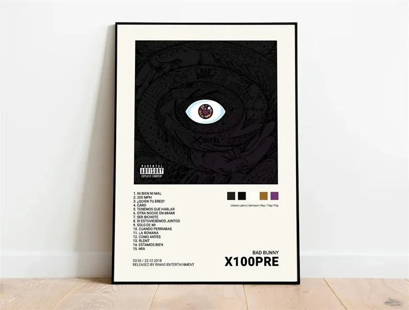 Black-framed canvas poster featuring stylized eye design with white and red accents displaying bad bunny x100pre album cover for room decor