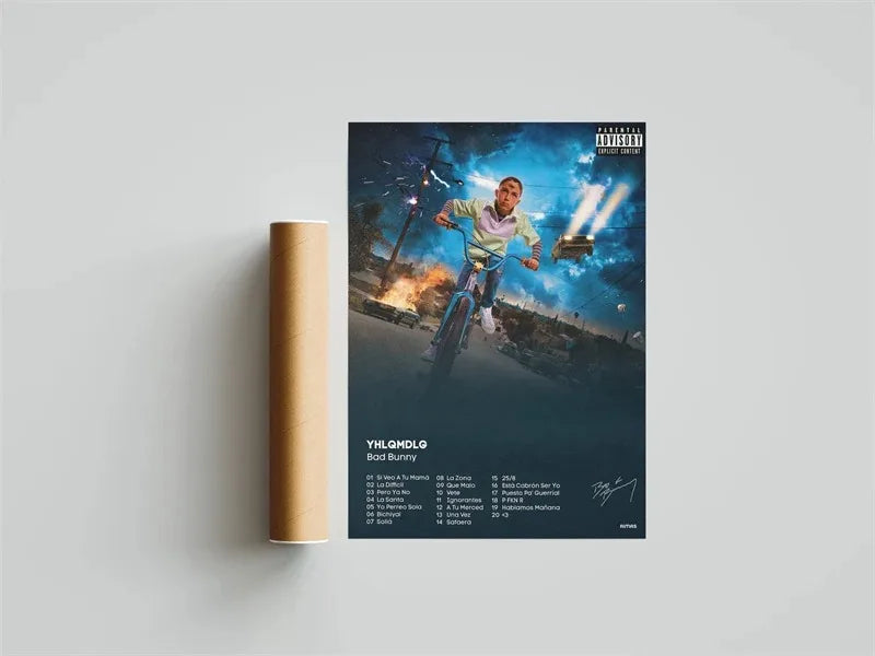 A vibrant canvas wall art featuring bad bunny on a bicycle with fiery effects from un verano sin ti album cover