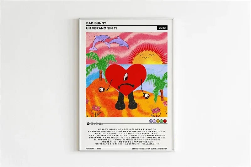 Vibrant cartoon style canvas wall art featuring bad bunny un verano sin ti album cover with red heart on orange beach