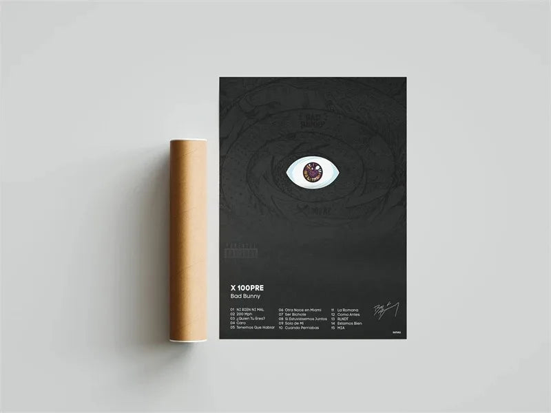 Black canvas pop rap album cover featuring white eye with red and gold design bad bunny tracklist wall art decor