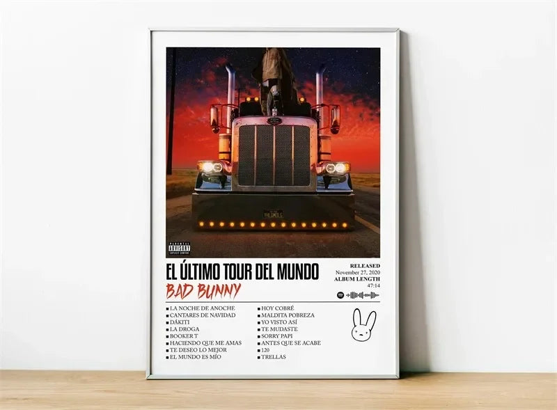 Framed canvas poster featuring pink semi truck with glowing headlights and bad bunny album art for room decoration