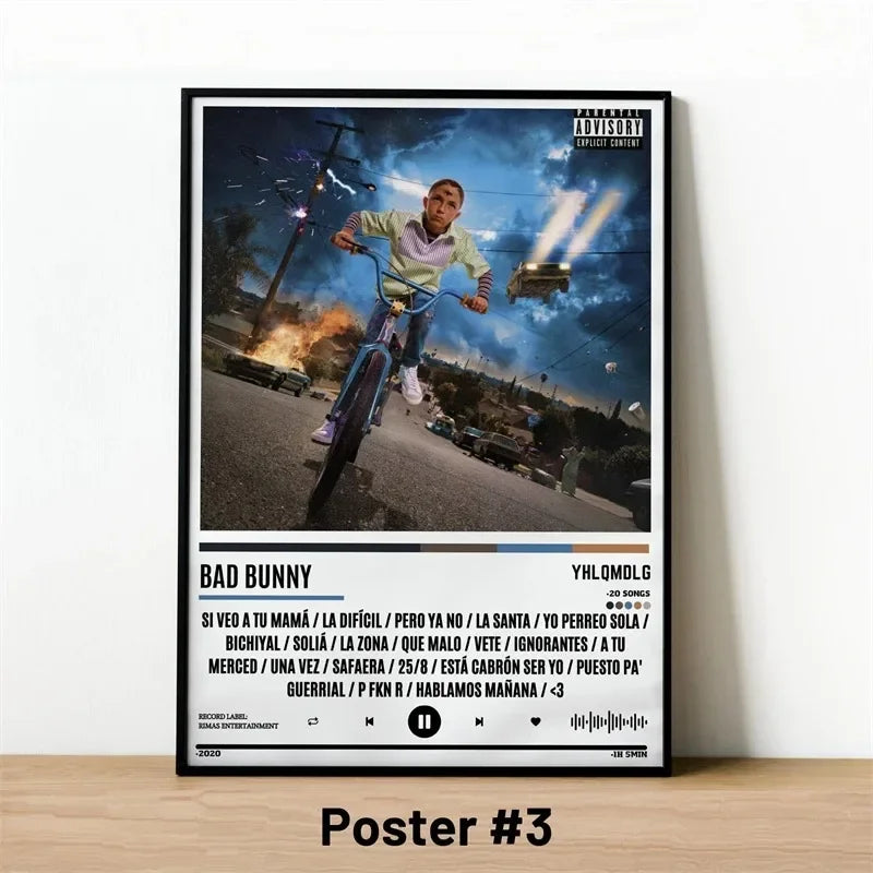 Black-framed canvas wall art featuring bad bunny on blue bicycle with fiery urban background and yhlqmdlg tracklist