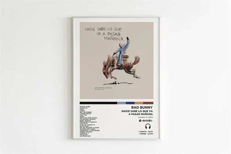 A framed canvas print featuring a stylized rider on a bucking horse in muted tones for hip hop room decor