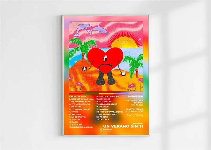 A vibrant pop rap album cover canvas featuring a red heart with limbs on sandy ground under colorful sky with dolphins