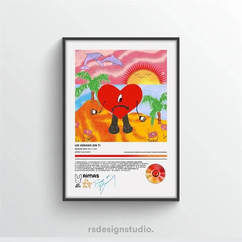 Framed canvas wall art featuring a red heart on an orange beach with dolphins and palm trees inspired by bad bunny un verano sin ti