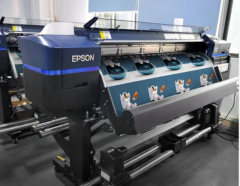 Epson large-format printer with blue and black body printing vibrant astronaut-themed Pop Rap Album Cover canvas wall art