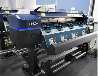 Epson large-format printer with blue and black body printing vibrant astronaut-themed Pop Rap Album Cover canvas wall art