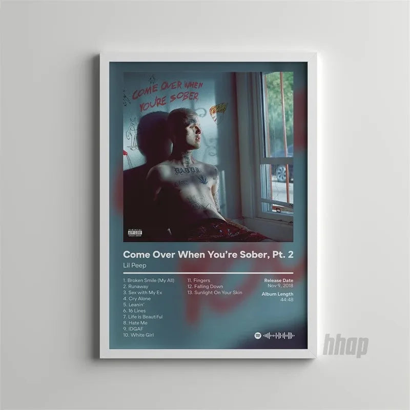 White-framed poster of lil peep come over when youre sober pt album cover oil on canvas wall art for bedroom decor