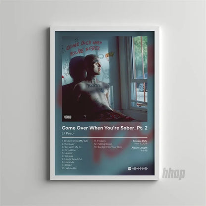 White-framed poster of lil peep come over when youre sober pt album cover oil on canvas wall art for bedroom decor
