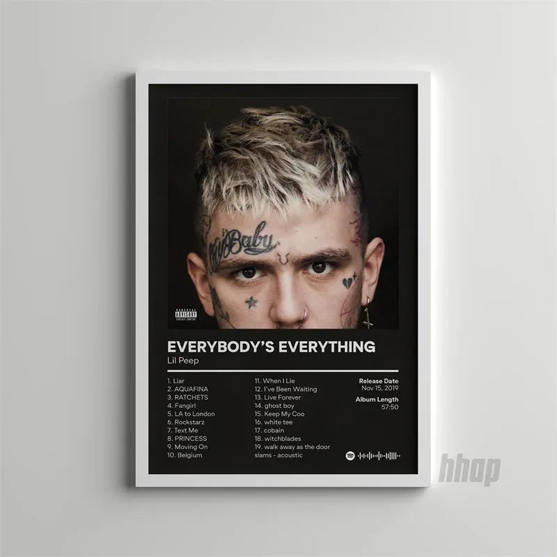 Black and white framed oil on canvas poster of lil peep album cover with tattooed close-up portrait for wall art