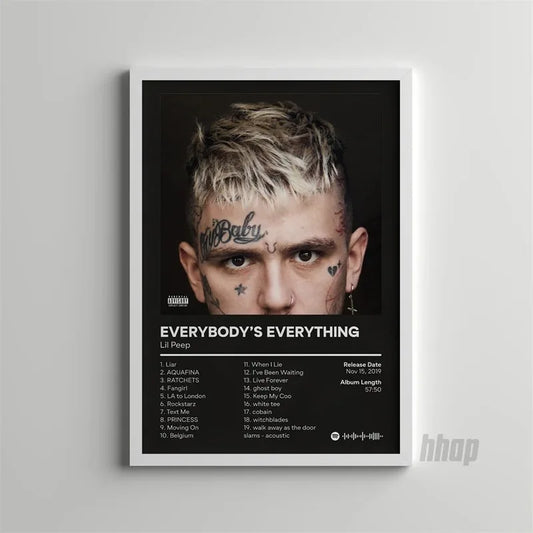Black and white framed oil on canvas poster of lil peep album cover with tattooed close-up portrait for wall art