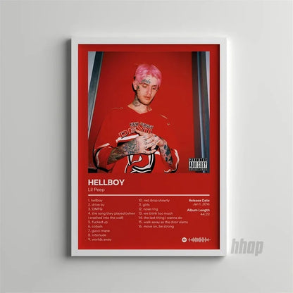Red framed oil on canvas poster of lil peep in red jersey with pink hair and tattoos showing hellboy album tracklist