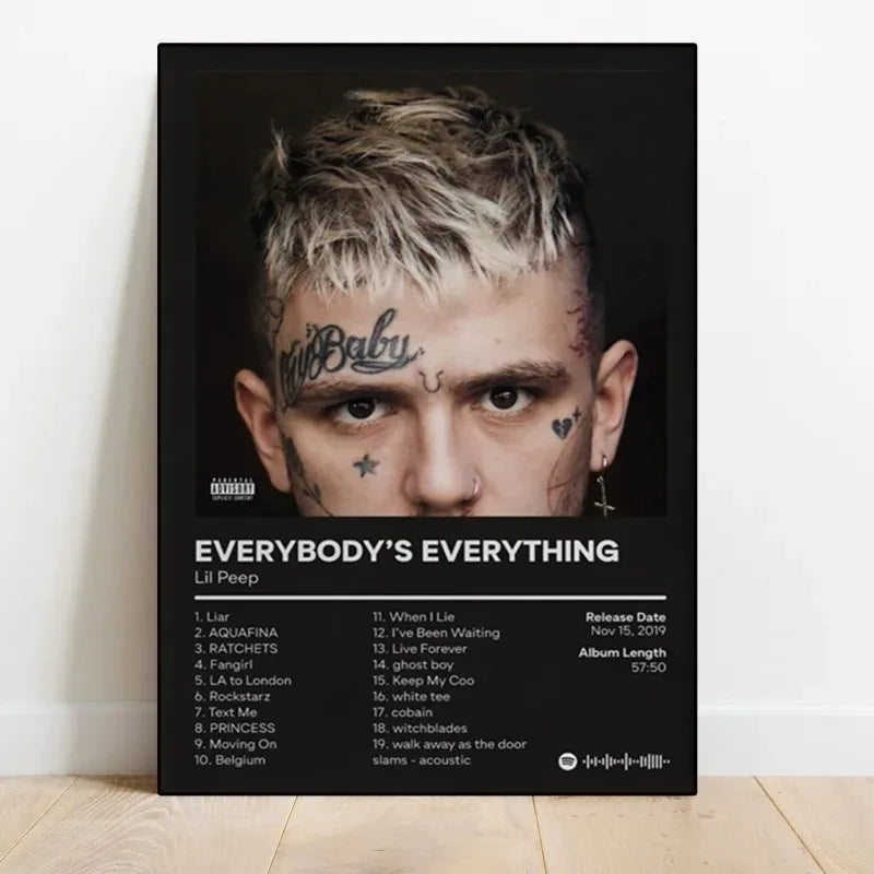 Black framed lil peep pop rap album cover wall art with platinum blonde hair and white tracklist text on canvas print