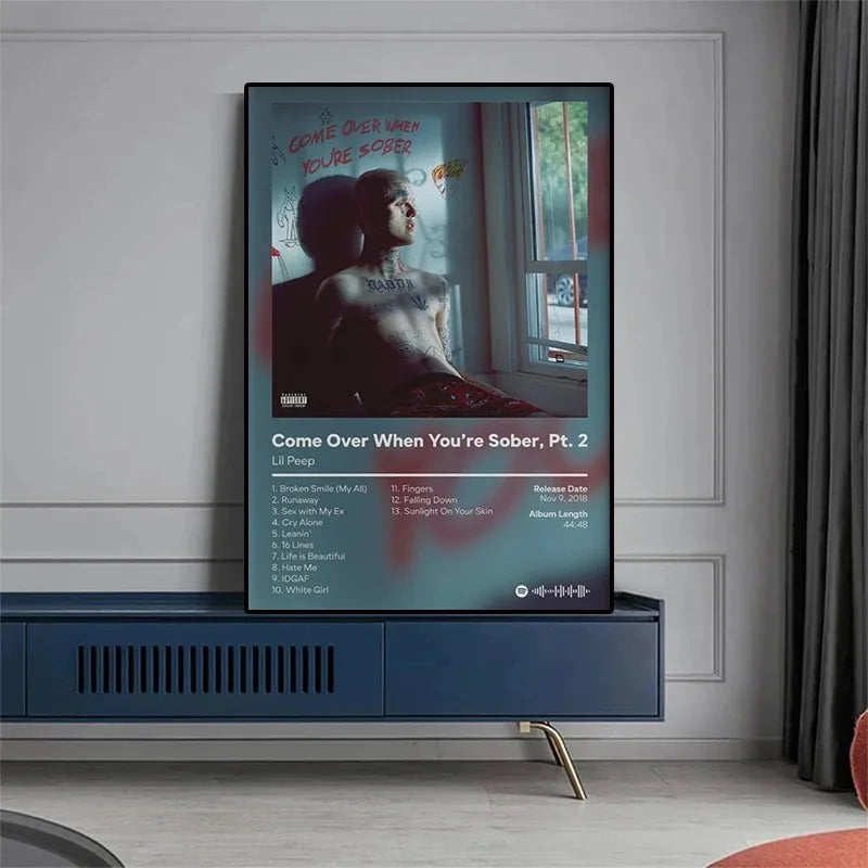A framed lil peep come over when youre sober pt pop rap album cover oil on canvas wall art for home decor
