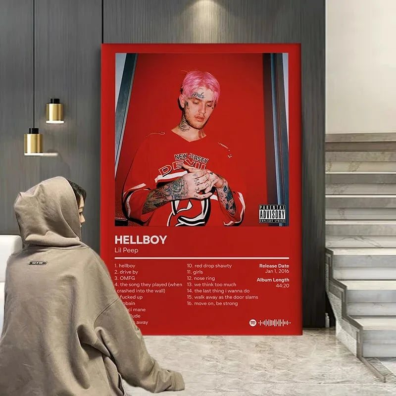 Red framed pop rap album cover wall art featuring lil peep in new jersey devil jersey on red canvas print