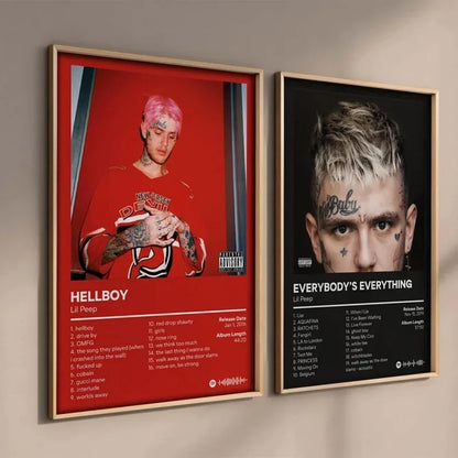 Two framed oil on canvas lil peep album cover posters in red and black for hip hop bedroom wall decoration gifts