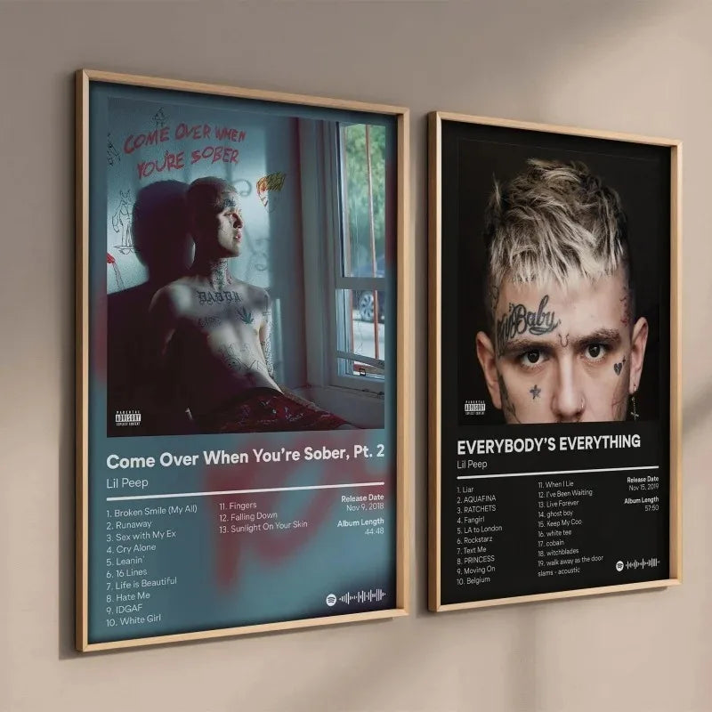Two framed lil peep pop rap album cover posters in hd oil on canvas for home bedroom living room decoration gifts