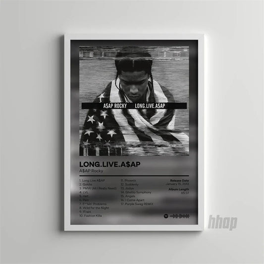 Black and white framed poster of asap rocky long live asap album cover with blurred artist and american flag draped