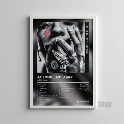 Black-and-white framed poster of asap rocky with pink eye makeup and rings showcasing the album at long last asap