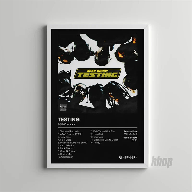 Black and white framed canvas poster featuring a bold yellow title logo of a$ap rocky testing album cover art for home decor