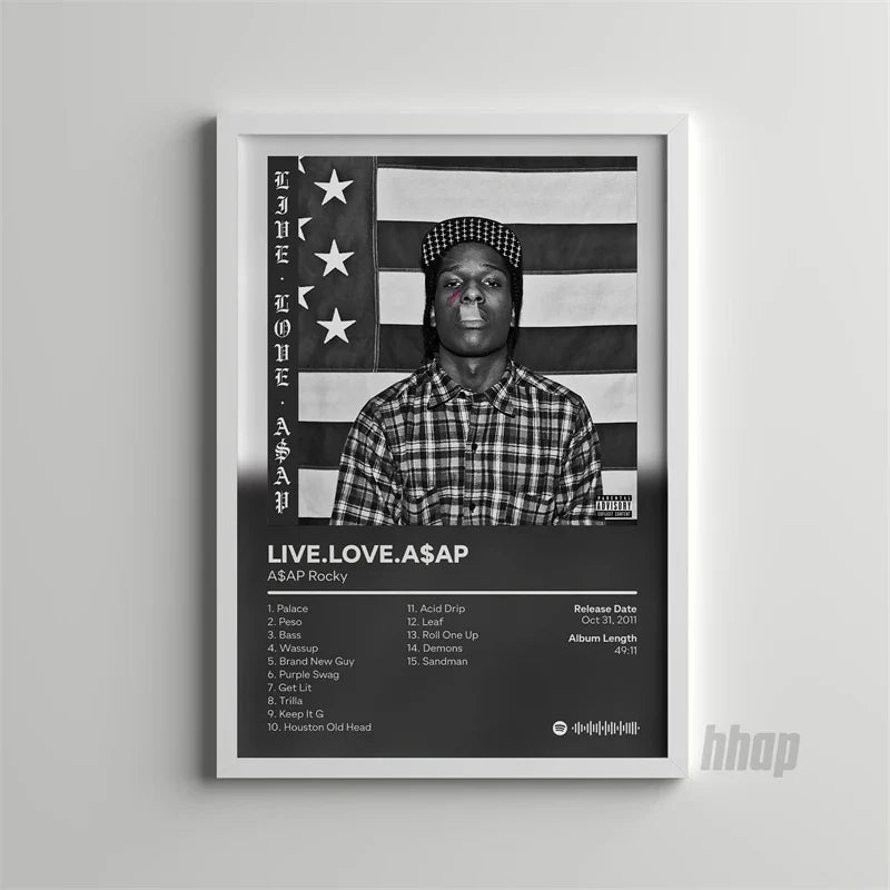 Black and white framed pop rap music album cover poster of asap rocky in plaid shirt with american flag backdrop and tracklist