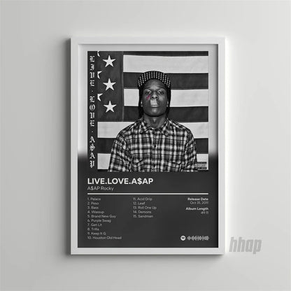 Black and white framed pop rap music album cover poster of asap rocky in plaid shirt with american flag backdrop and tracklist