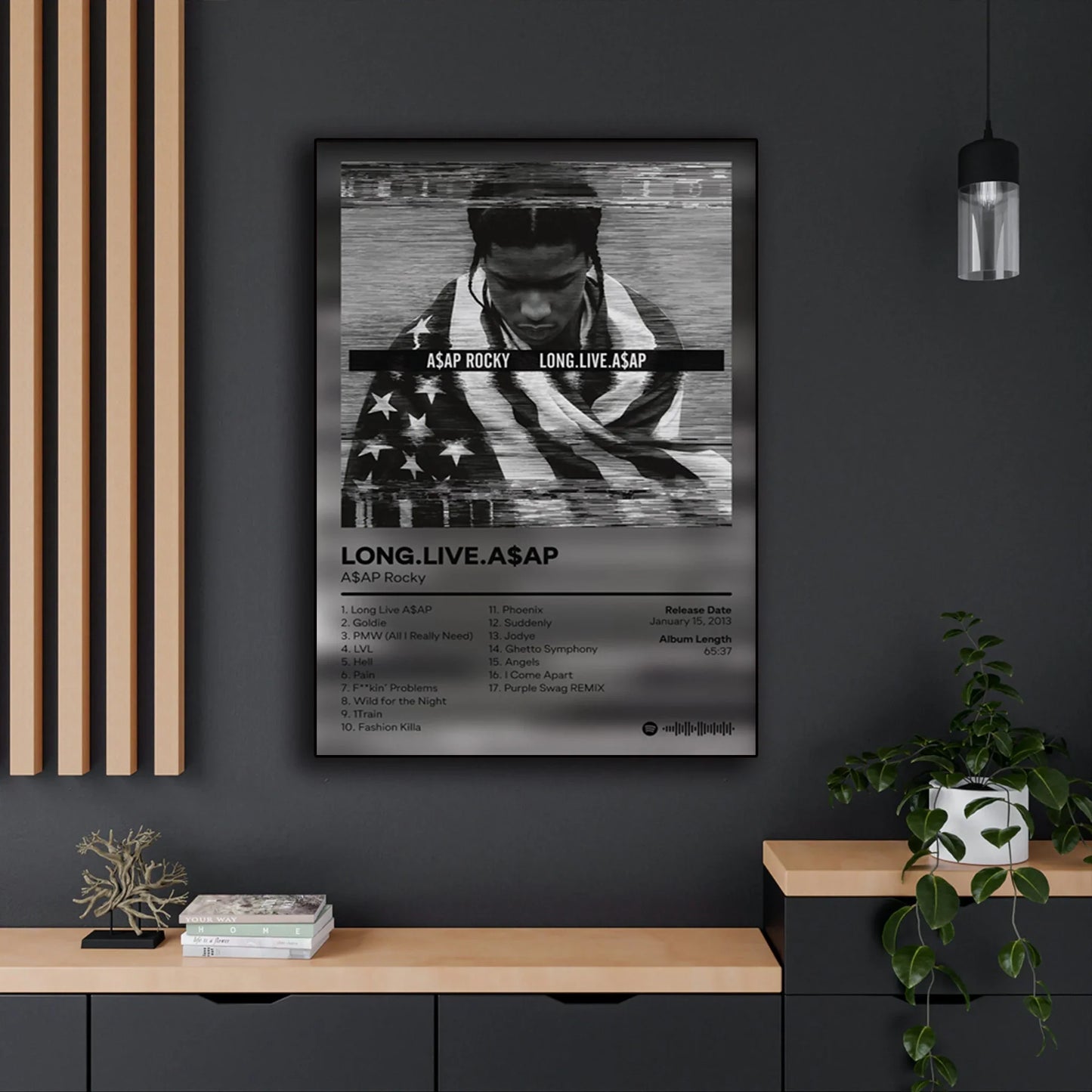 Black and white framed pop rap music album cover poster of asap rocky with american flag and long live asap tracklist
