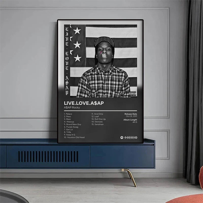 Black and white framed canvas poster of asap rocky in plaid shirt with american flag and album tracklist for wall decor