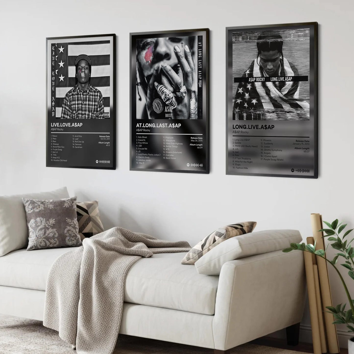Three framed black and white asap rocky posters with distinct designs on canvas for hip hop room wall decor