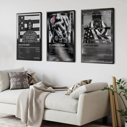 Three framed black and white asap rocky posters with distinct designs on canvas for hip hop room wall decor