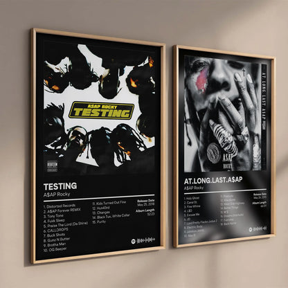 Two framed asap rocky pop rap album canvas posters featuring testing black and white design with yellow text and at album art