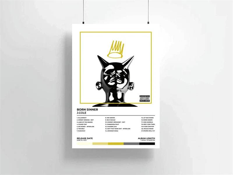 White canvas print featuring a black and gold j cole poster aesthetic for rap music album season wall decor