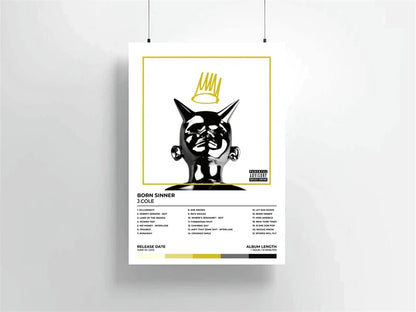 White canvas print featuring a black and gold j cole poster aesthetic for rap music album season wall decor