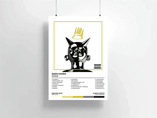 White canvas print featuring a black and gold j cole poster aesthetic for rap music album season wall decor