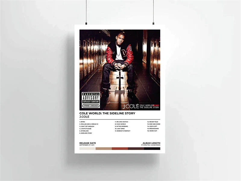 White poster featuring j cole in black and red jacket for pop rap music album cole poster aesthetic season canvas print wall art