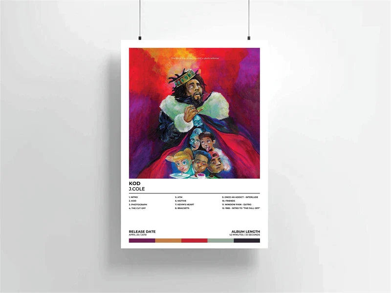 Vibrant rap music album canvas print featuring kodak black in regal attire with cole poster aesthetic and bold hues