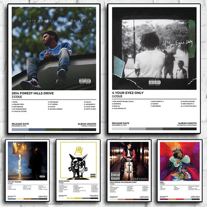 Set of five framed j cole poster aesthetic rap music album prints with color and black and white season canvas print designs
