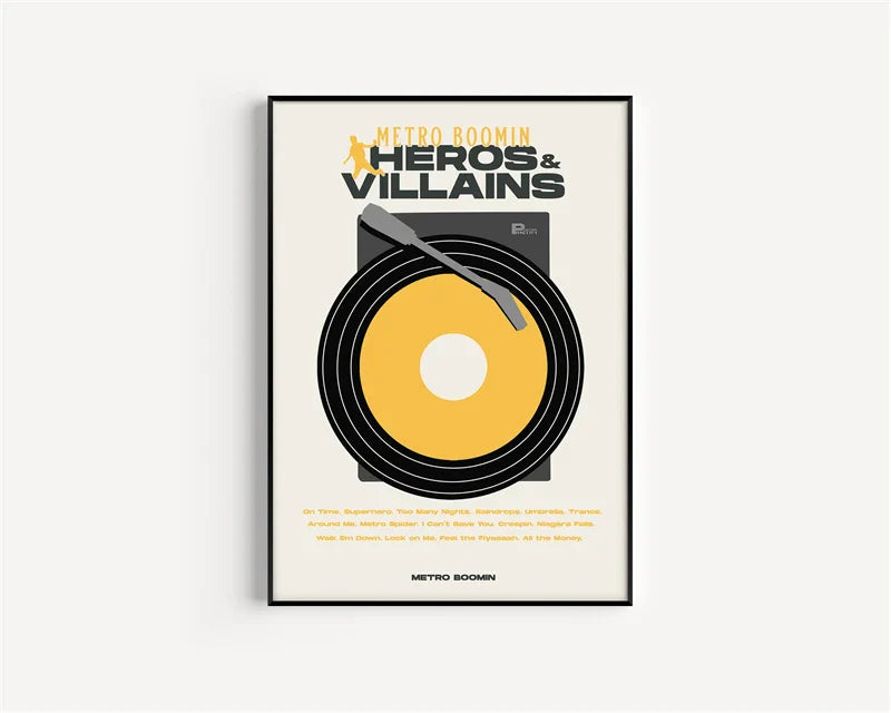 A pop rap singer Metro Boomin vinyl record poster with yellow record black grooves gray tonearm in black frame wall art