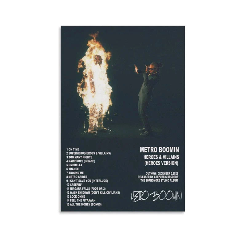 Dark poster of metro boomin with fiery figure and silhouette on black background canvas print for hip hop room decor