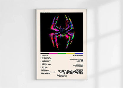 A framed pop rap singer metro boomin music album poster with vibrant iridescent spider and white tracklist on black background