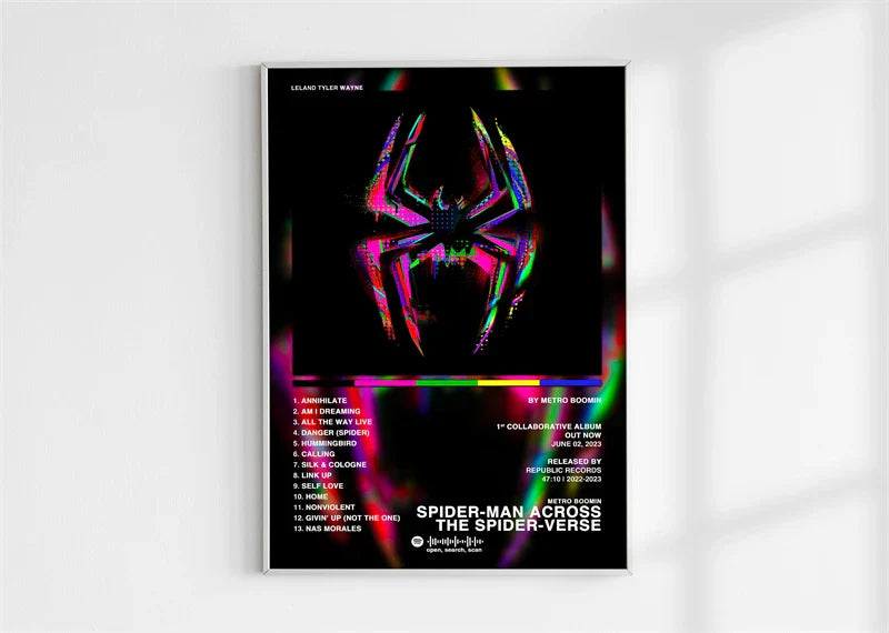 A vibrant holographic spider-man mask poster with iridescent pink and green hues for hip hop music album wall art