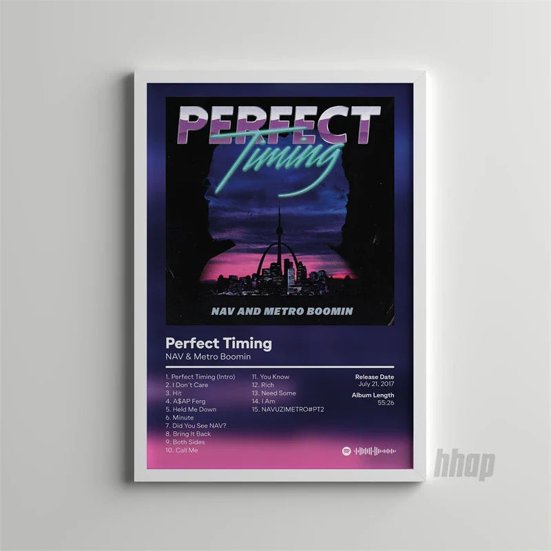 A framed canvas print poster featuring nav and metro boomin perfect timing album neon purple pink cityscape design