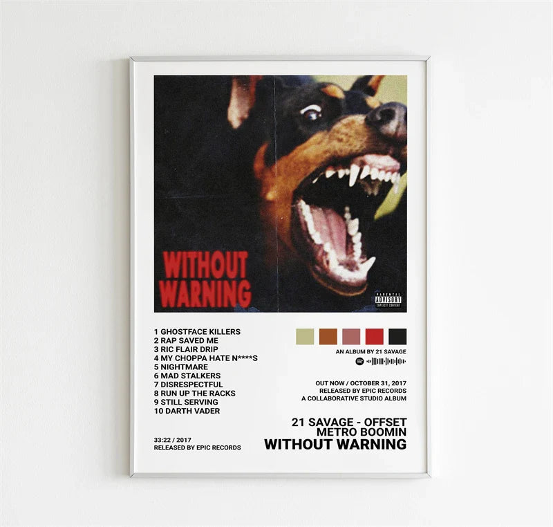 A framed canvas print poster featuring a doberman pinscher on 21 savage without warning album cover for wall decor